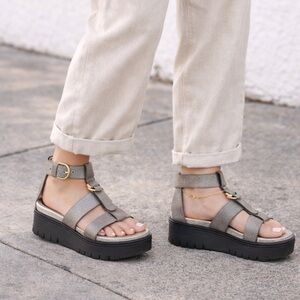 Naked Feet Nadar leather sandals Size 10 Metallic Platform Sandals Buckle Detail